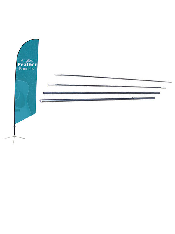 Angled feather banner also known as sail flag, feather flag, attention flag, outdoor banner shown with pole and x base for standing on floor. Comes in 