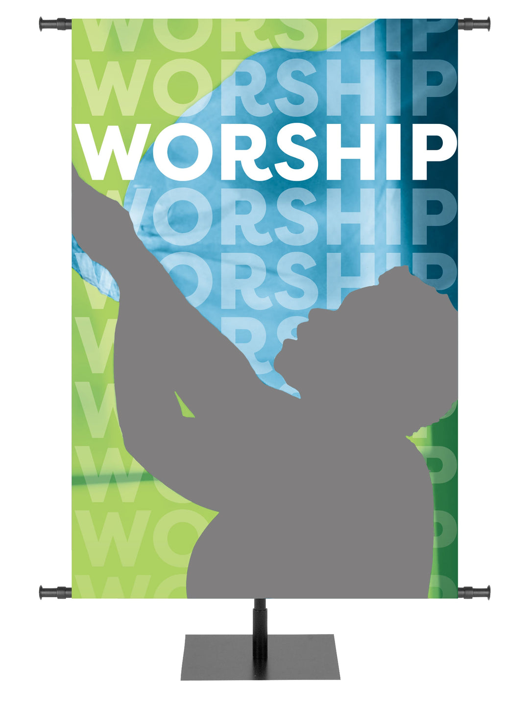 Custom Church Banner Community of Faith featuring worshiper with arms outstretched toward heaven. Customize with images of members of your community.