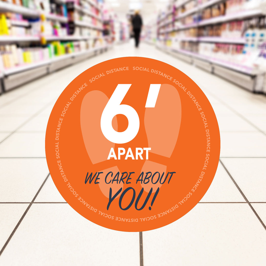 Retail Social Distancing Floor Decal We Care About You (Orange)